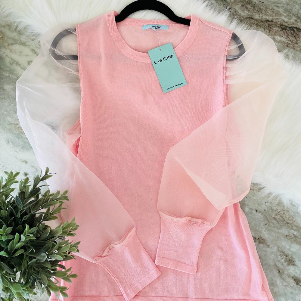 La Cite Organza Puff Sleeve Sweater NWT